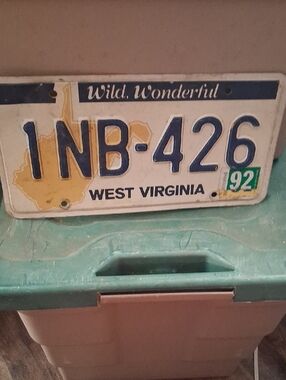 Vintage license plate wall decor - blue, yellow, white